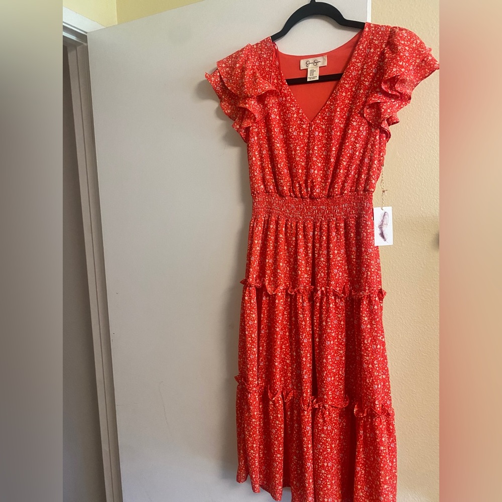 NWT 💖Host Pick💖Jessica Simpson Red Floral Dress Ruffle Sleeves, Mid-Length